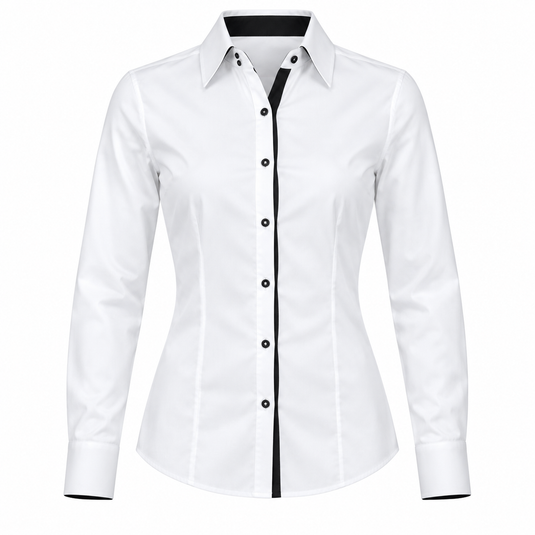 A white long-sleeve button-down shirt with a black center placket and black buttons, displayed on a clean white background.