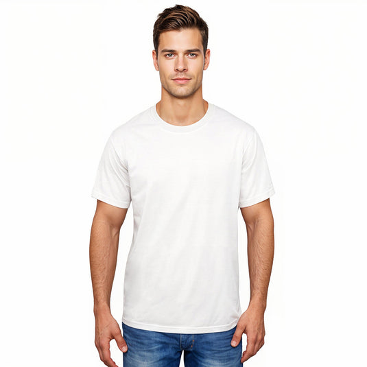 Man wearing a plain white t-shirt against a gray background