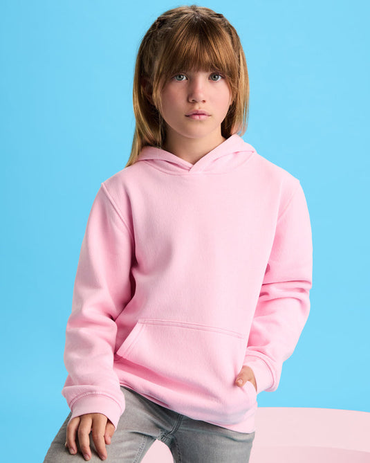 Child wearing a pink hoodie against a blue background
