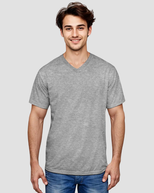 A man wearing a white V-neck t-shirt with the text 'PROMO 3 PCS BUNDLE' indicating a multi-piece pack promotion.