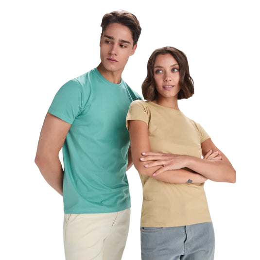 Two people wearing plain t-shirts against a white background
