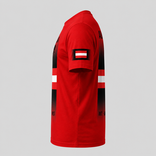 Austria Fan T-Shirt side view with Austrian flag sleeve detail and front and back printed design