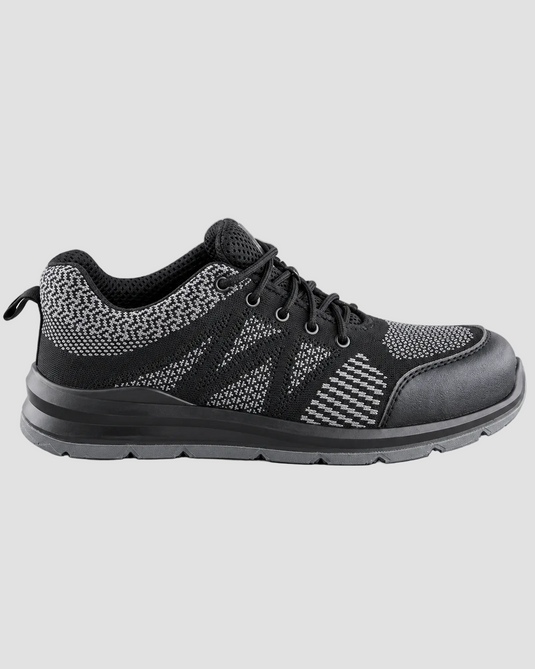 Black and white sneaker with patterned design on a white background