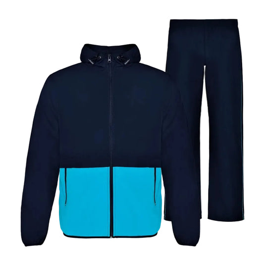 A two-piece athletic tracksuit set featuring a zip-up hooded jacket and matching pants. The jacket has a dark navy blue upper body and sleeves, with a bright turquoise blue color-blocked panel across the lower front.