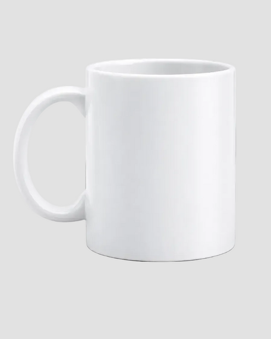 A plain white ceramic mug with a C-shaped handle, shown against a solid light gray background.