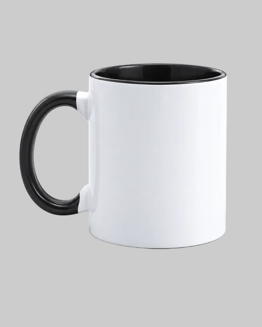 A white ceramic mug with a black handle, black interior, and black rim, shown on a light gray background.