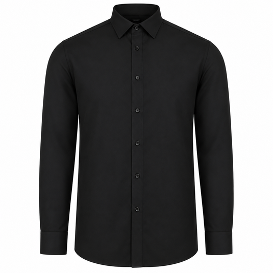 A classic black long-sleeve button-down shirt with a pointed collar and matching buttons, shown on a plain white background.
