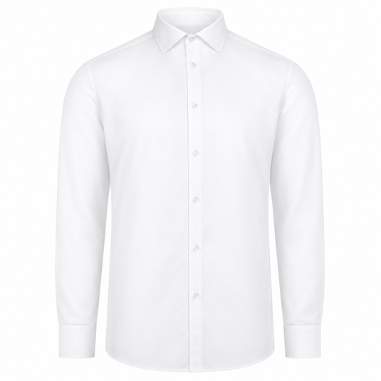 A white long-sleeve button-down dress shirt with a classic pointed collar and button-down front, shown on a plain white background.