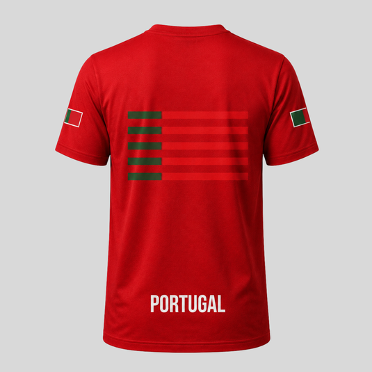 Back view of Portugal fan T-shirt with supporter graphics and Portugal text