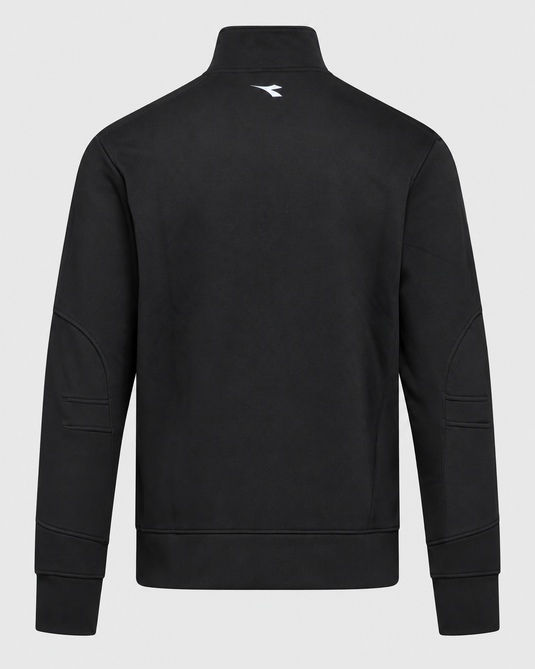 Black long-sleeve quarter-zip sweatshirt shown from the back, featuring a small white Diadora logo centered below the high collar, set against a light gray background.