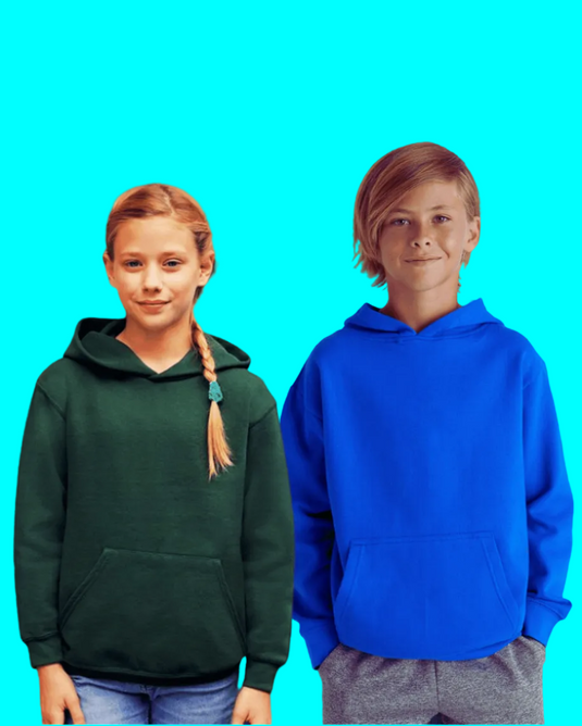 Two children modeling hoodies against a bright cyan background. The child on the left wears a dark forest green hoodie, and the child on the right wears a bright royal blue hoodie.