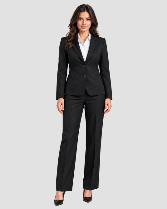 A woman modeling a black tailored pantsuit with a single-breasted blazer and matching trousers, worn over a white collared blouse with black pointed heels, against a light gray studio background.