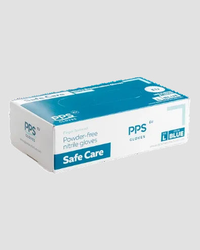 PPS EU powder-free nitrile gloves in a blue and white box, labeled Safe Care and Size L.