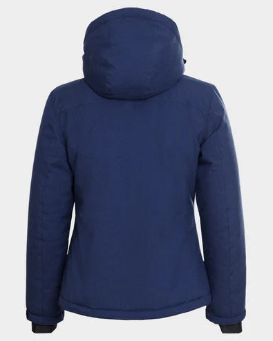 A navy blue hooded jacket shown from the back, photographed on a light gray studio background.