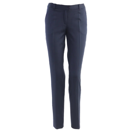 A pair of navy blue slim-fit trousers shown on a plain white background.