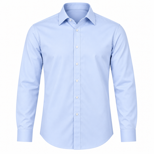 A light blue long-sleeve button-down dress shirt with a classic collar, shown on a clean white background.