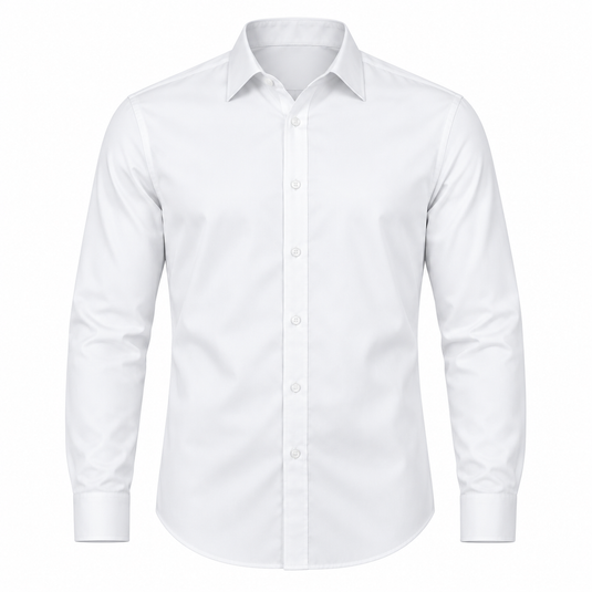 A white long-sleeve button-down dress shirt with a classic collar, shown on a clean white background.