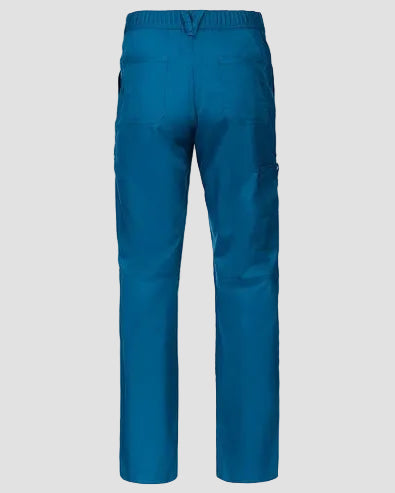 A pair of bright teal-blue scrub pants shown from the back, featuring an elastic waistband, two large back patch pockets, and side cargo pockets, set against a solid light gray background.