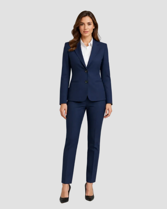 A woman modeling a navy blue two-piece suit with a white collared shirt and black heels, standing against a solid gray studio background.