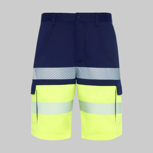 High-visibility work shorts featuring a navy blue upper section, neon yellow lower sections, and reflective silver diagonal-striped bands across the waist and upper legs, shown against a solid gray background.