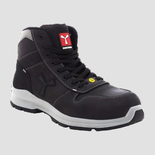 A black high-top safety boot with a white midsole and a red Y-PEER logo patch on the tongue, shown against a plain white background.