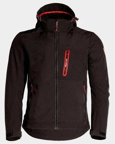 Black jacket with red accents on a light gray background