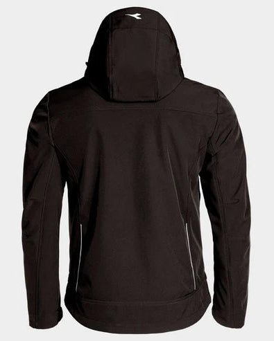 Black hooded jacket shown from the back on a light gray background, featuring a small white logo on the hood and subtle white piping details along the sides.