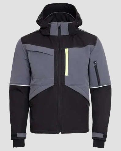 Two-tone gray and black jacket with a hood on a light gray background