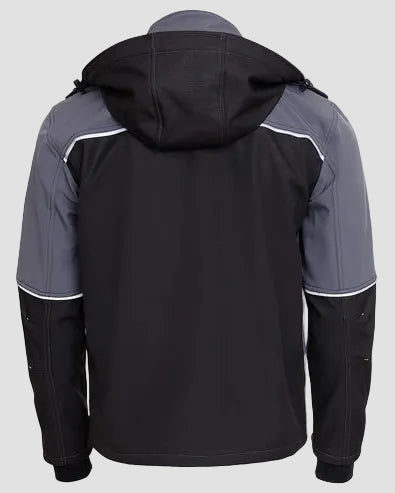 A hooded jacket shown from the back, featuring a black body, gray sleeves and hood lining, and thin white piping accents along the shoulders and upper arms.