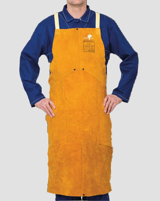 A person wearing a long yellow leather work apron over a blue long-sleeve shirt, shown against a plain white background.