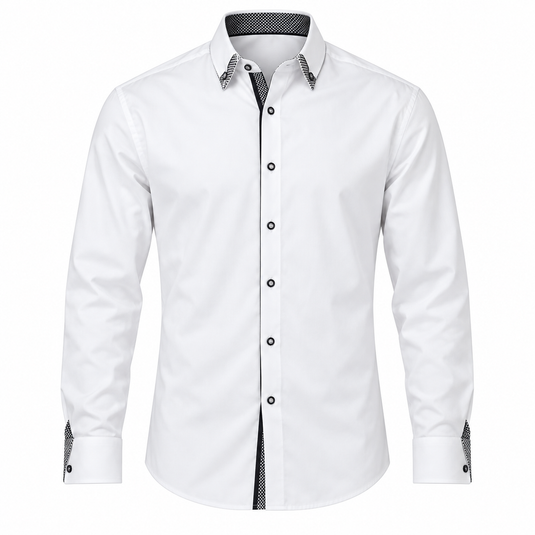 A white long-sleeve button-down dress shirt with a pointed collar and contrasting black-and-white patterned inner placket, cuffs, and collar trim, shown on a plain white background.