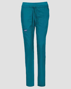 A pair of teal scrub pants with an elastic waistband and drawstring, shown against a plain light gray background.