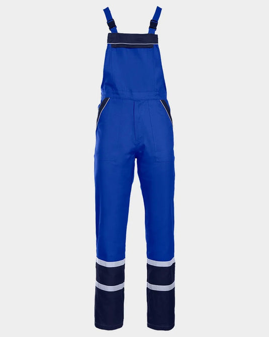 Blue work overalls with reflective stripes on a light gray background