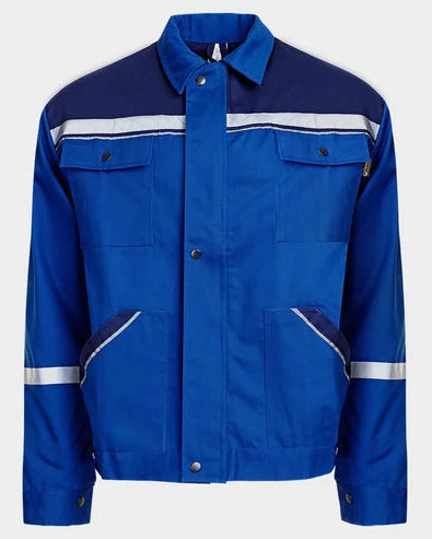 A blue work jacket with a dark navy yoke, featuring reflective silver stripes across the chest and on the sleeves, shown against a light gray background.