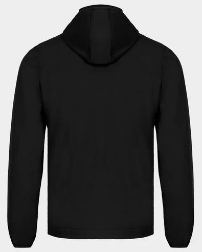 A black hooded sweatshirt shown from the back, displayed on a light gray background.