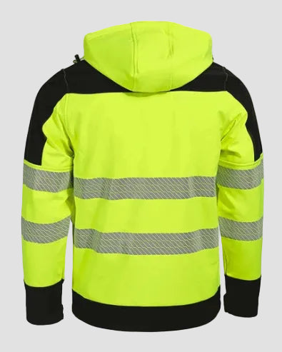 High-visibility jacket with reflective stripes on a light gray background