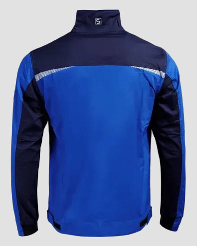 A blue and navy athletic jacket shown from the back, featuring a high collar, a horizontal reflective stripe across the upper back, and a small white logo on the back of the neck.