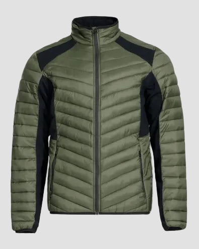Green puffer jacket with black accents on a light gray background
