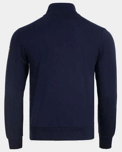 Navy blue half-zip sweatshirt on a light gray background