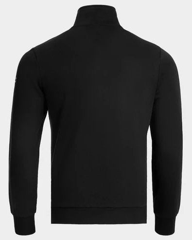 Black long-sleeve quarter-zip pullover sweatshirt shown from the back on a light gray background.