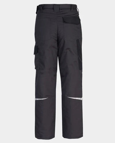 Black cargo pants with reflective stripes on a light gray background