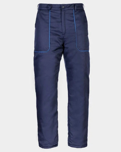 A pair of navy blue work pants with bright blue piping detailing along the pocket seams, shown against a light gray background.