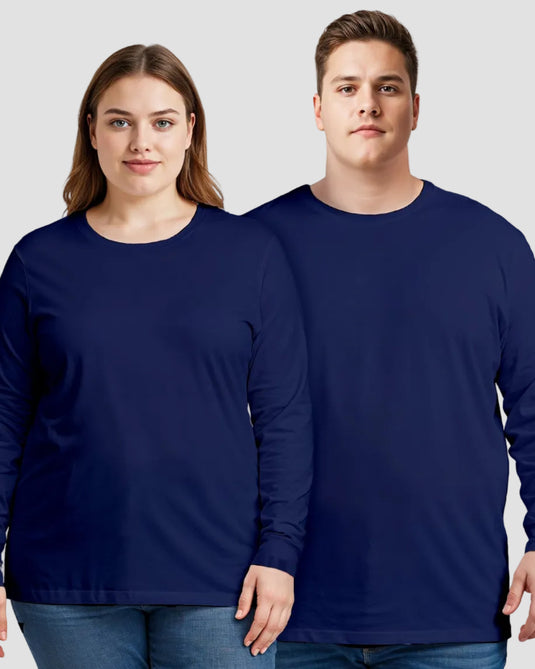 A promotional image featuring two models, a woman and a man, wearing white long sleeve t-shirts. The image shows the t-shirts in a flat lay arrangement and with the models wearing them, against a yellow background.