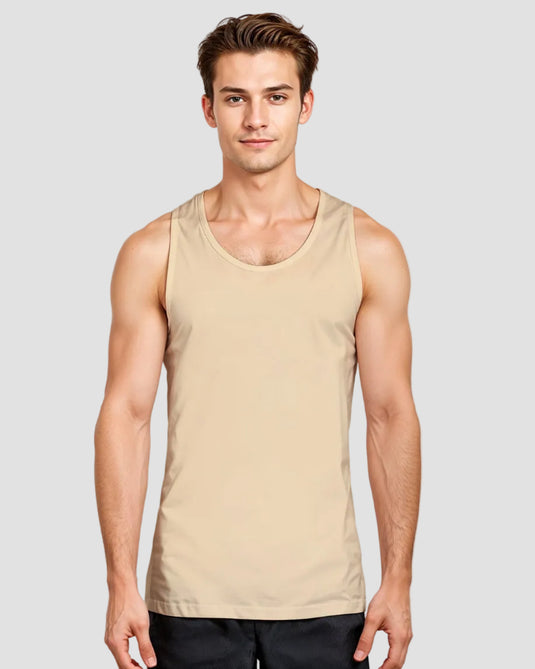 A promotional image featuring a man wearing a white tank top, with details showing a 'PROMO 3 PCS BUNDLE' offer for purchasing three tank tops simultaneously.