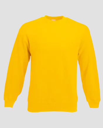 A bright yellow crewneck sweatshirt with long sleeves and ribbed cuffs and hem, shown against a plain white background.