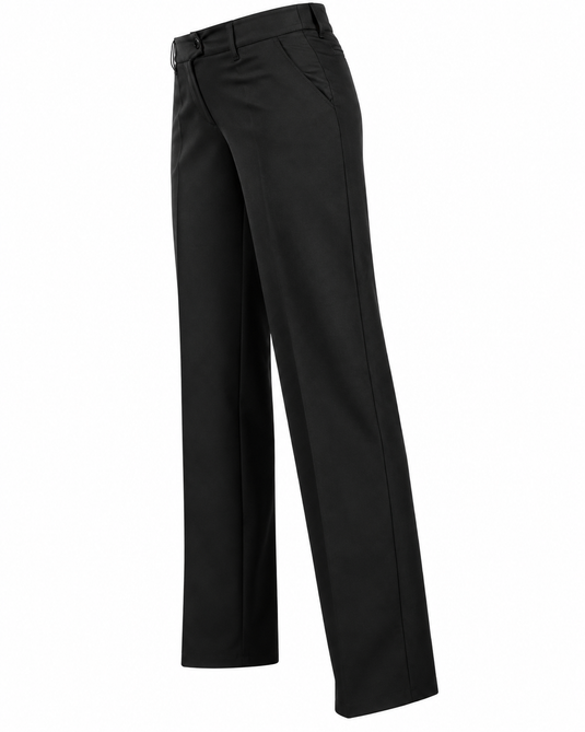 Black wide-leg dress pants shown from a three-quarter angle on a solid white background.