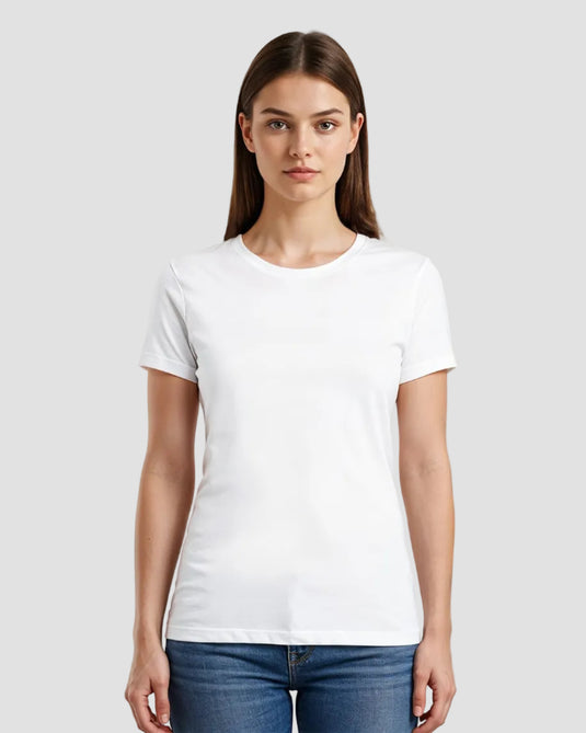 A woman wearing a white classic t-shirt with the text 'PROMO 3 PCS BUNDLE' indicating a multi-piece bundle promotion.