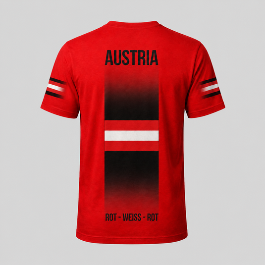 Austria Fan T-Shirt back view with red-white-red flag inspired design and Rot-Weiss-Rot text