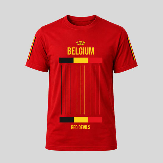 Belgium fan T-shirt in red with Red Devils football-inspired front graphic and Belgian flag colour sleeve stripes