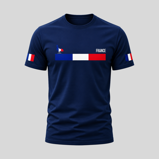 France Fan T-Shirt Les Bleus Edition front view with French tricolour design and rooster emblem